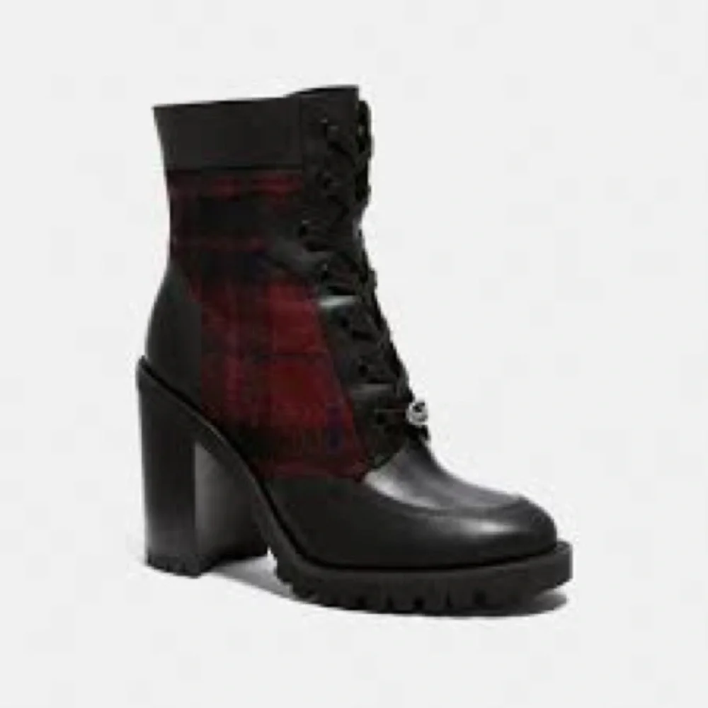 Coach Hartley Plaid Lace-Up Booties Black Leather & Red Wool Ankle Boots 7B